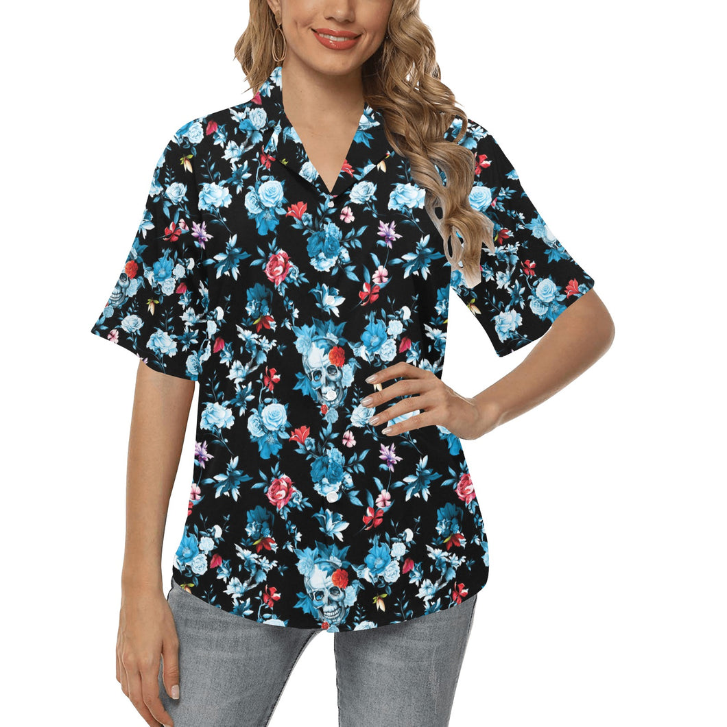 Skull flower roses leave pattern Women's All Over Print Hawaiian Shirt