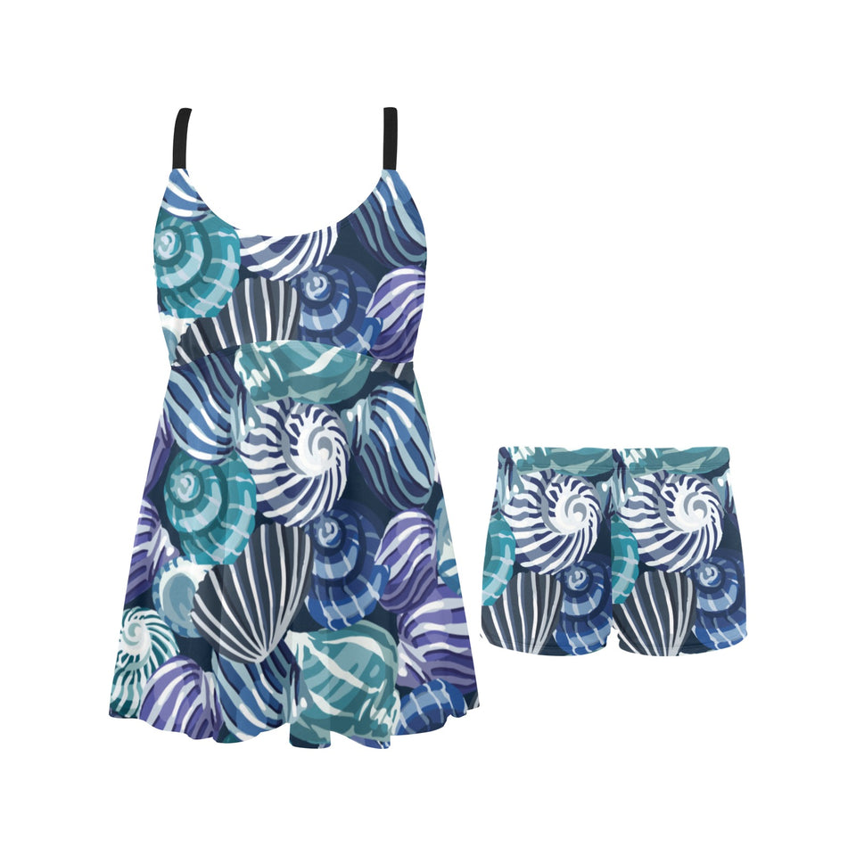 Shell design pattern Chest Sexy Pleated Two Piece Swim Dress