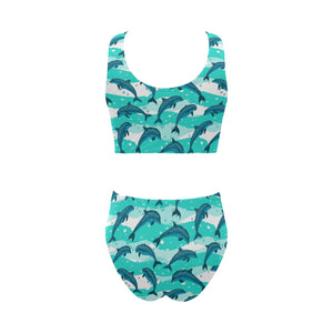 Dolphin sea pattern Chest Bowknot High Waisted Bikini Swimsuit