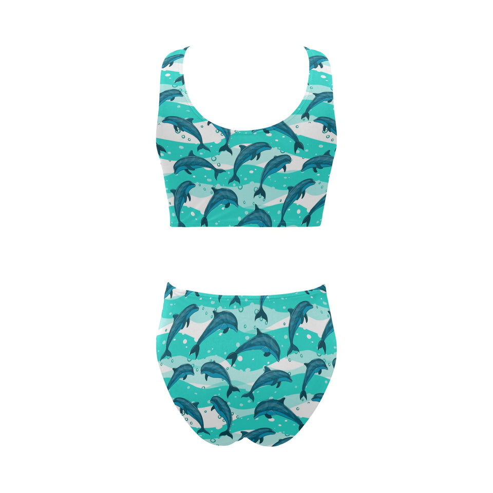 Dolphin sea pattern Chest Bowknot High Waisted Bikini Swimsuit