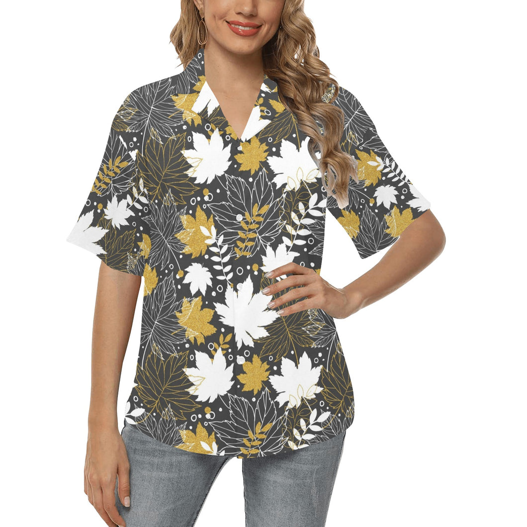 Beautiful gold autumn maple leaf pattern Women's All Over Print Hawaiian Shirt