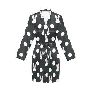 Cute white rabbit polka dots black background Women's Long Sleeve Belted Night Robe