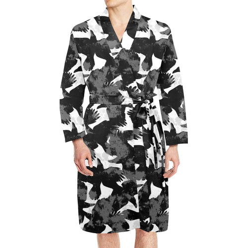 Crow illustration pattern Men's Long Sleeve Belted Night Robe