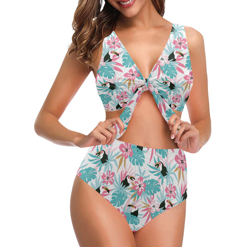 Toucan tropical flower leave pattern Chest Bowknot High Waisted Bikini Swimsuit