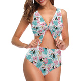 Toucan tropical flower leave pattern Chest Bowknot High Waisted Bikini Swimsuit