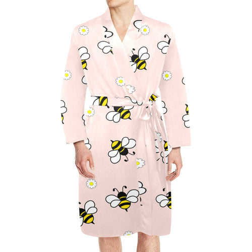Cute bee flower pattern pink background Men's Long Sleeve Belted Night Robe