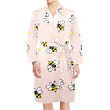 Cute bee flower pattern pink background Men's Long Sleeve Belted Night Robe
