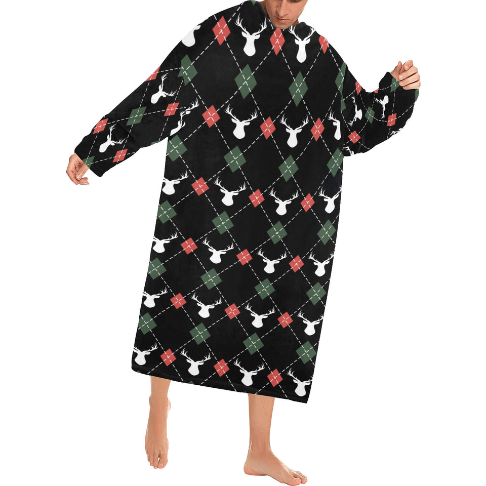 Deer Christmas new year pattern argyle Blanket Robe with Sleeves