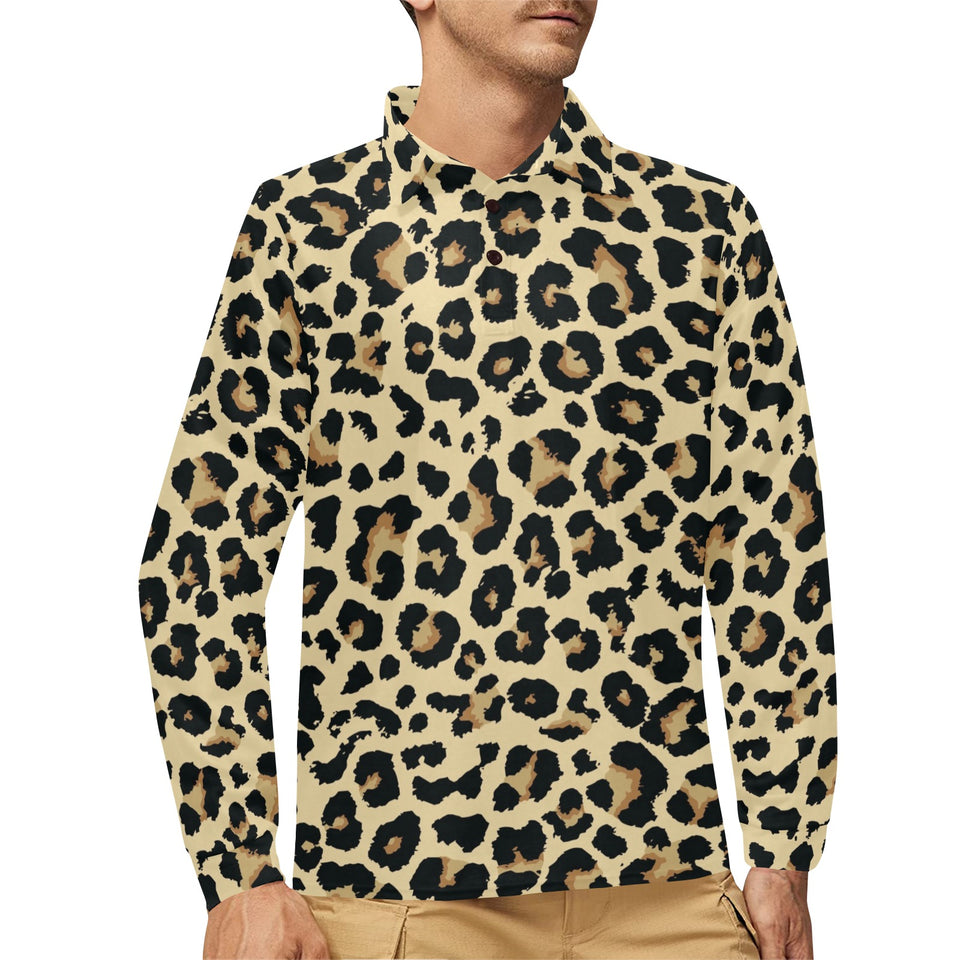 Leopard print design pattern Men's Long Sleeve Polo Shirt