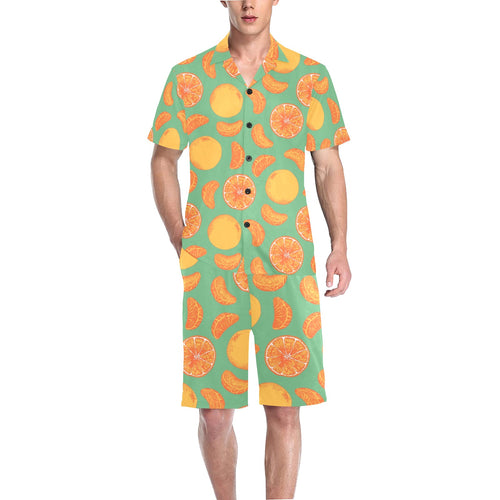 orange fruit pattern green background Men's V-Neck Short Pajama Set