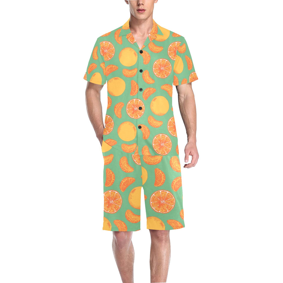 orange fruit pattern green background Men's V-Neck Short Pajama Set