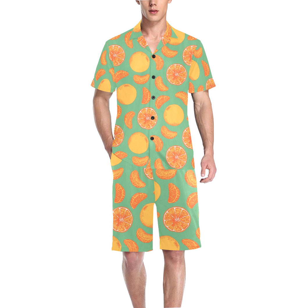 orange fruit pattern green background Men's V-Neck Short Pajama Set