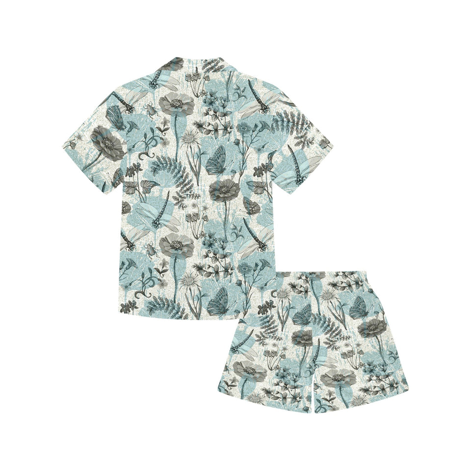 Dragonfly Butterfly Plants insect flower vintage s Kids' Boys' Girls' V-Neck Short Pajama Set