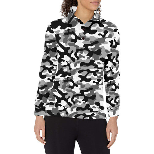 Black white camouflage pattern Women's Long Sleeve Polo Shirt