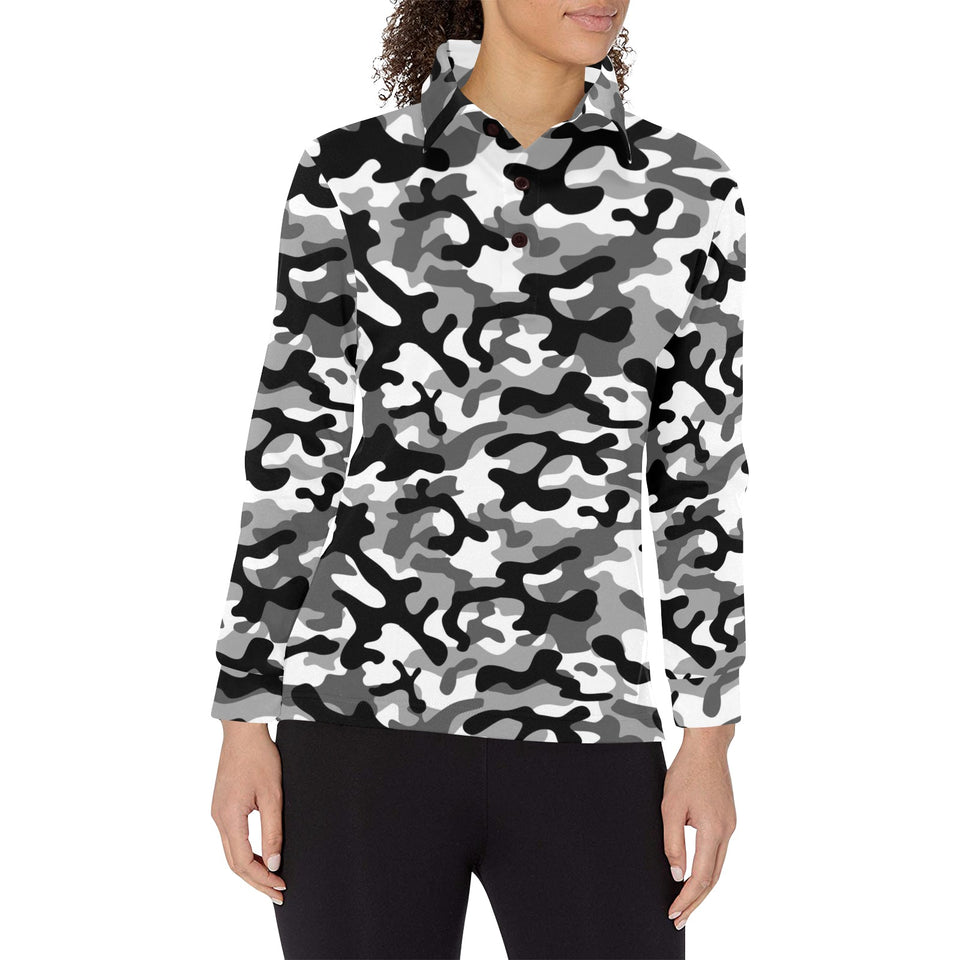 Black white camouflage pattern Women's Long Sleeve Polo Shirt