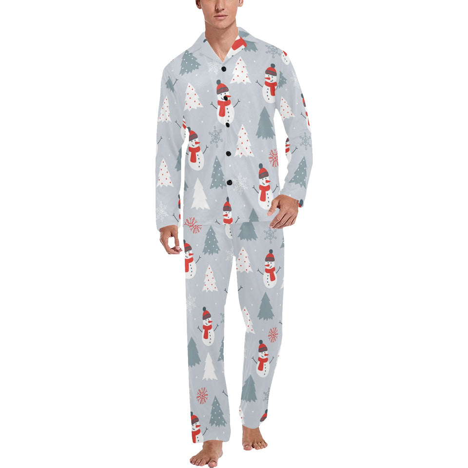 Snowman christmas tree snow gray background Men's Long Pajama Set