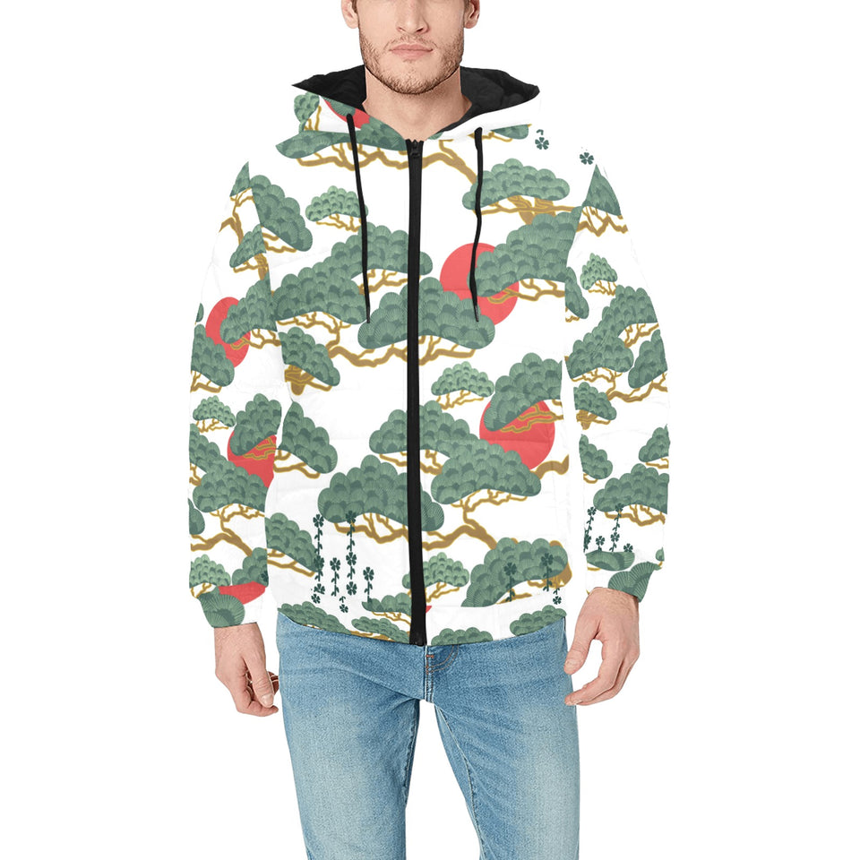 Bonsai red sun japanese pattern Men's Padded Hooded Jacket