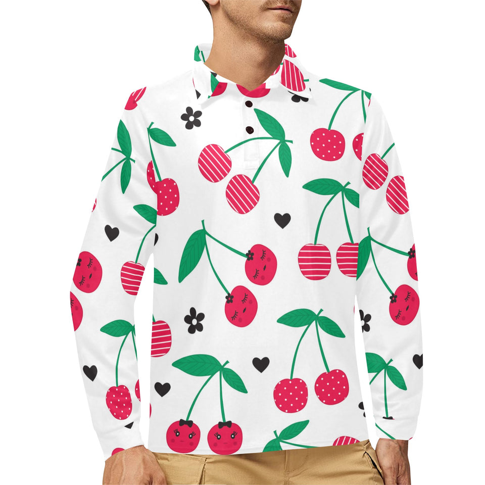 cherry pattern white background Men's Long Sleeve Polo Shirt