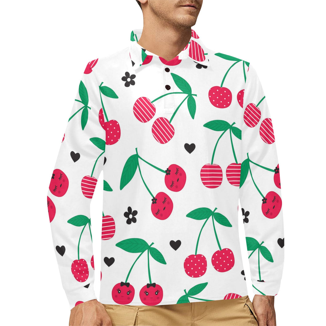 cherry pattern white background Men's Long Sleeve Polo Shirt