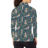 Raccoon tropical leaves pattern Women's Long Sleeve Polo Shirt