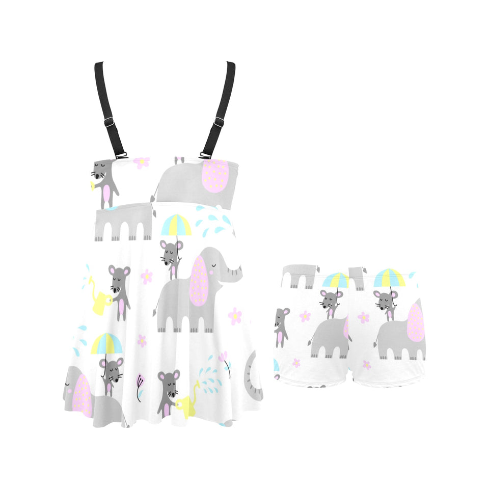 Cute elephant mouse pattern Chest Sexy Pleated Two Piece Swim Dress