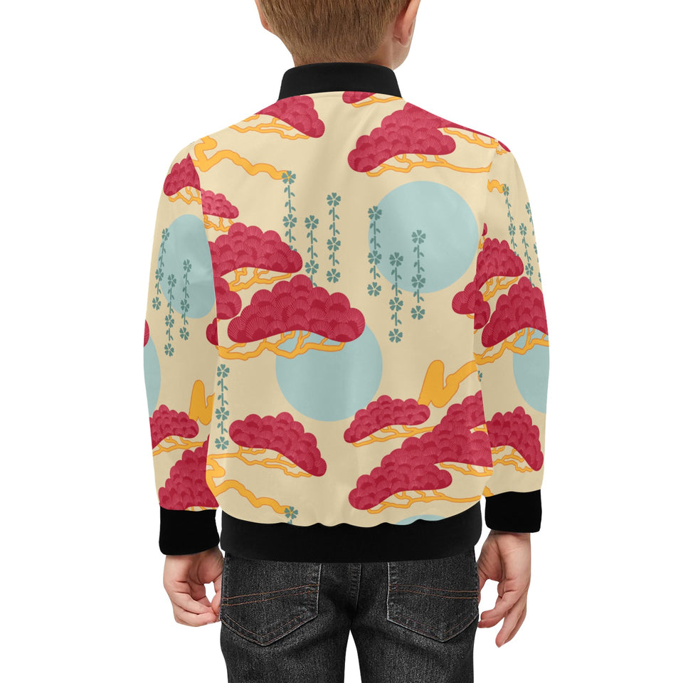 Red Bonsai gray sun japanese pattern Kids' Boys' Girls' Bomber Jacket