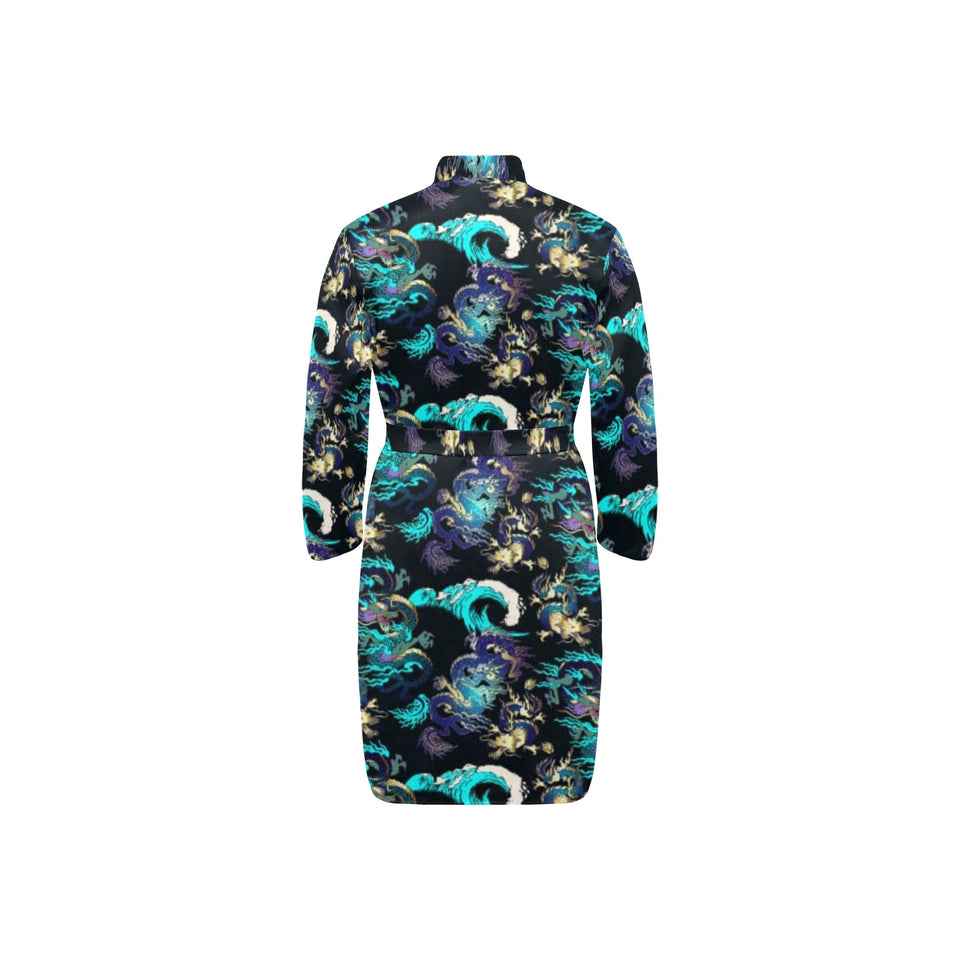Dragon sea wave pattern Men's Long Sleeve Belted Night Robe