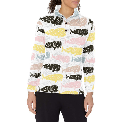 Whale dot pattern Women's Long Sleeve Polo Shirt