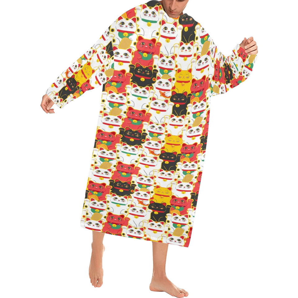 Colorful Maneki neko cat pattern Blanket Robe with Sleeves