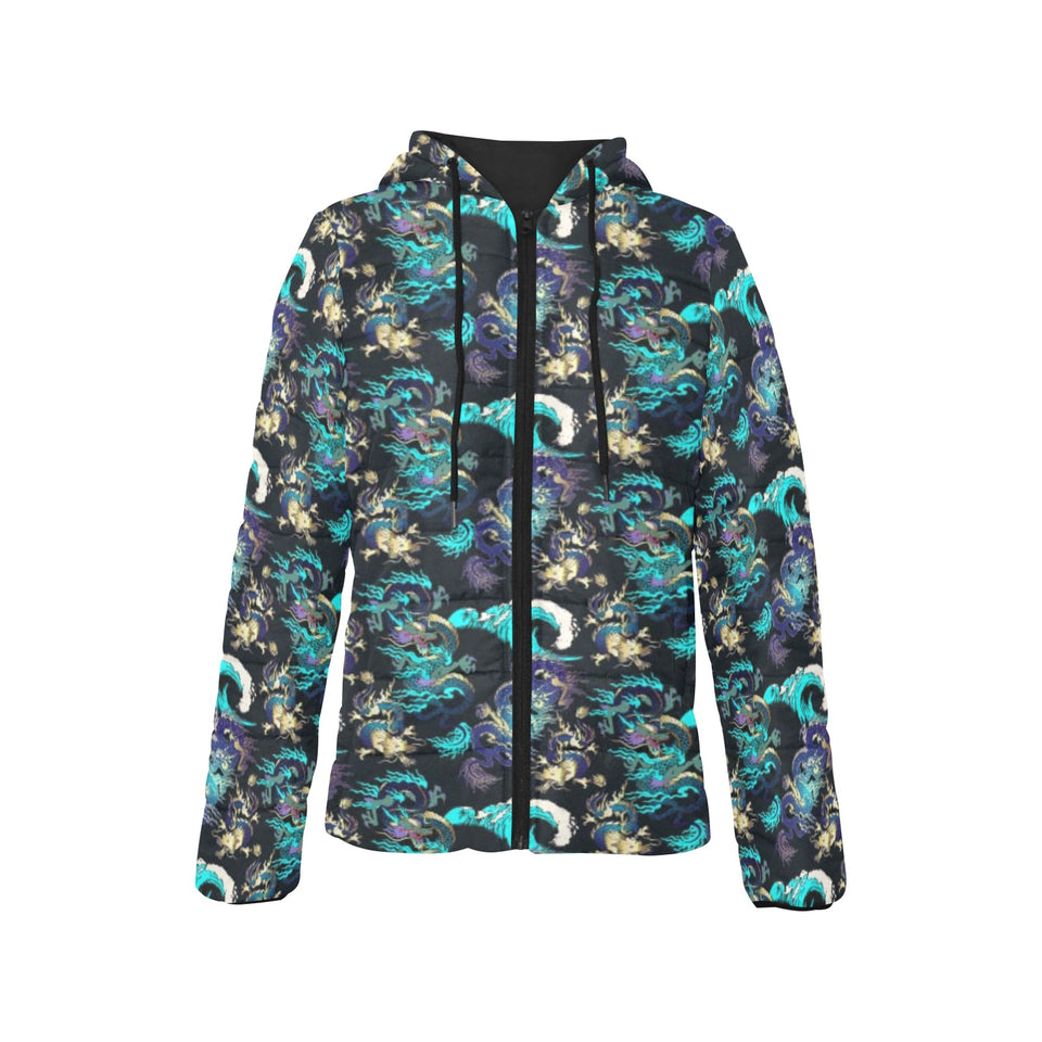 Dragon sea wave pattern Women's Padded Hooded Jacket