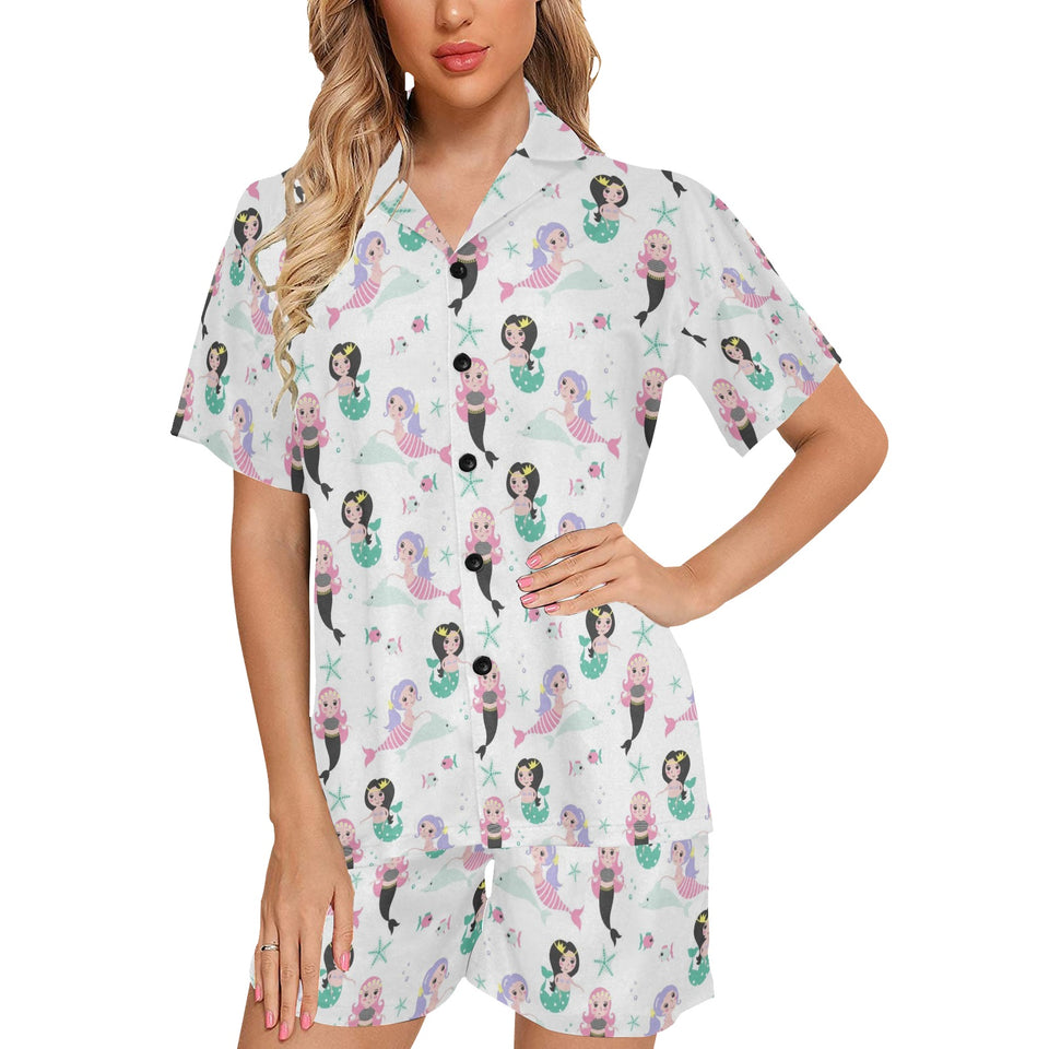 cute mermaid dolphin fish starfish pattern Women's V-Neck Short Pajama Set