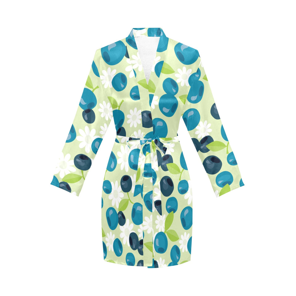 blueberry flower pattern Women's Long Sleeve Belted Night Robe