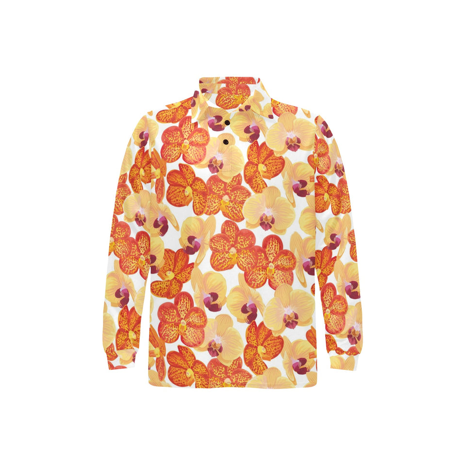 Orange yellow orchid flower pattern background Men's Long Sleeve Polo Shirt