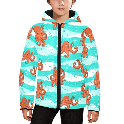 Octopuses sea wave background Kids' Boys' Girls' Padded Hooded Jacket