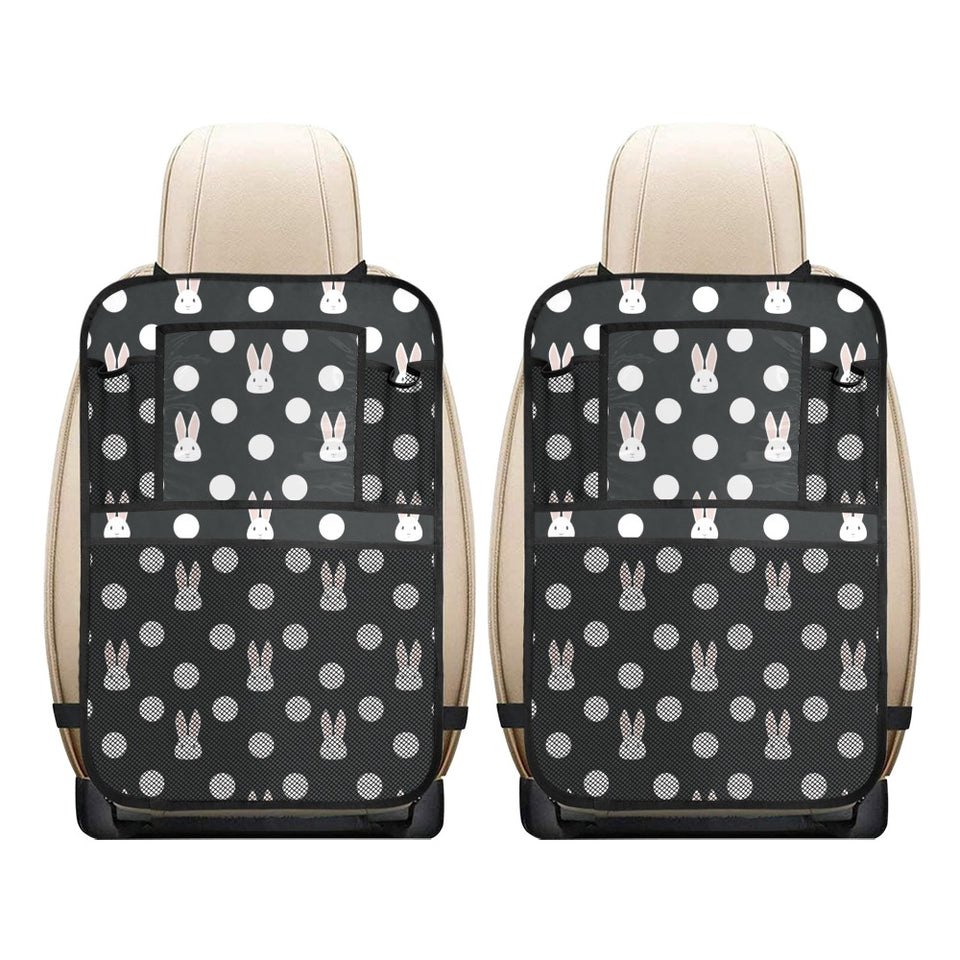 Cute white rabbit polka dots black background Car Seat Back Organizer