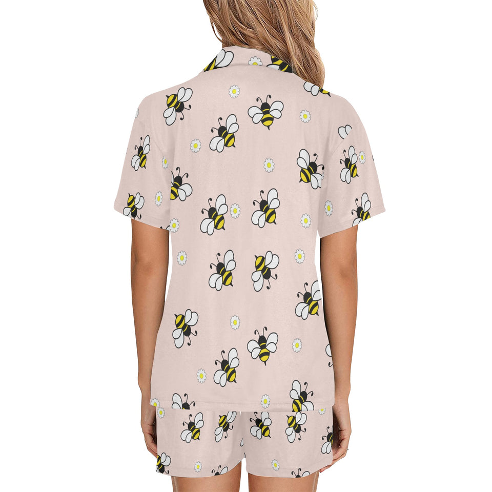 Cute bee flower pattern pink background Women's V-Neck Short Pajama Set