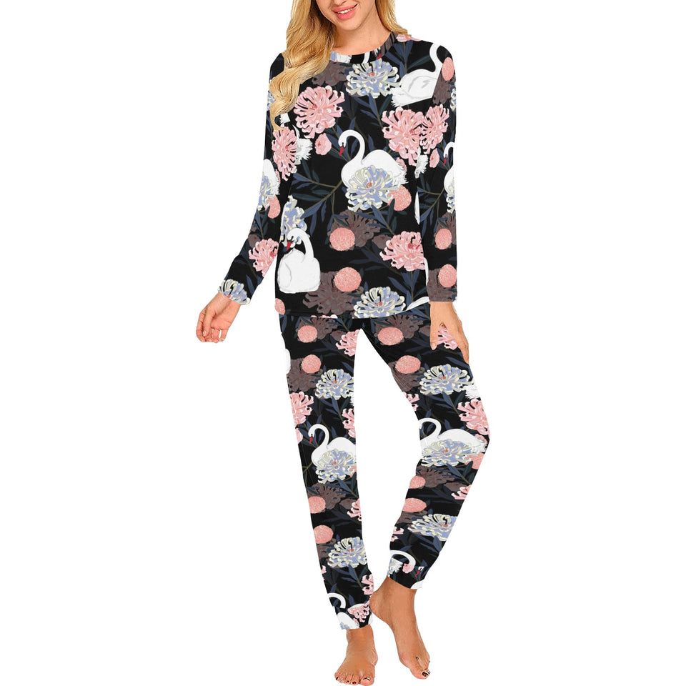 white swan blooming flower pattern Women's All Over Print Pajama Set