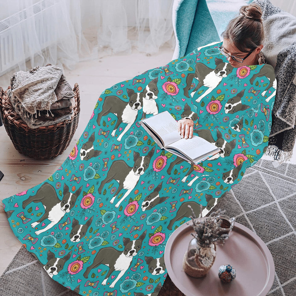 Boston terrier beautiful flower pattern Blanket Robe with Sleeves