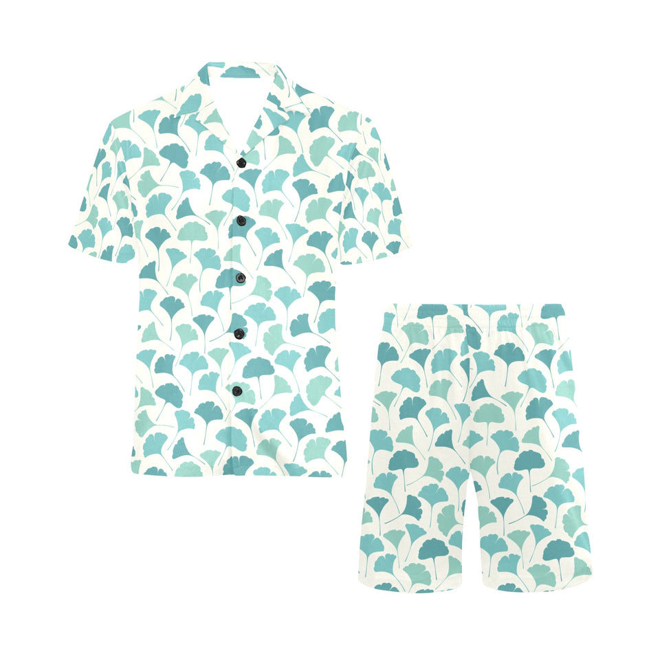 Green ginkgo leaves pattern Men's V-Neck Short Pajama Set