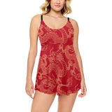 Gold dragons red background Chest Sexy Pleated Two Piece Swim Dress