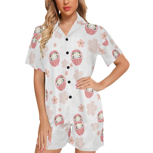 Daruma japanese wooden doll cherry blossom flower Women's V-Neck Short Pajama Set