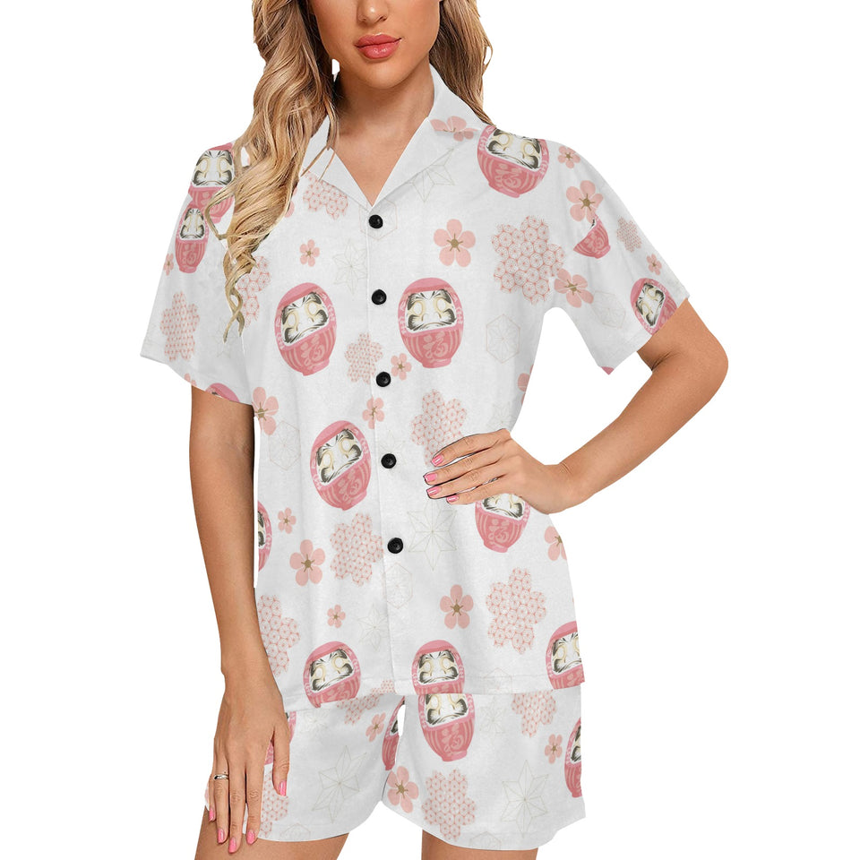 Daruma japanese wooden doll cherry blossom flower Women's V-Neck Short Pajama Set