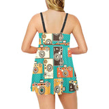 Camera Pattern Print Design 03 Chest Sexy Pleated Two Piece Swim Dress