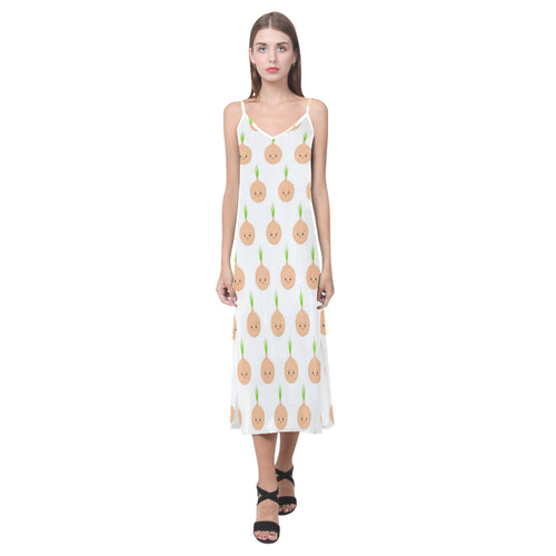 cute onions smiling faces V-Neck Open Fork Long Dress