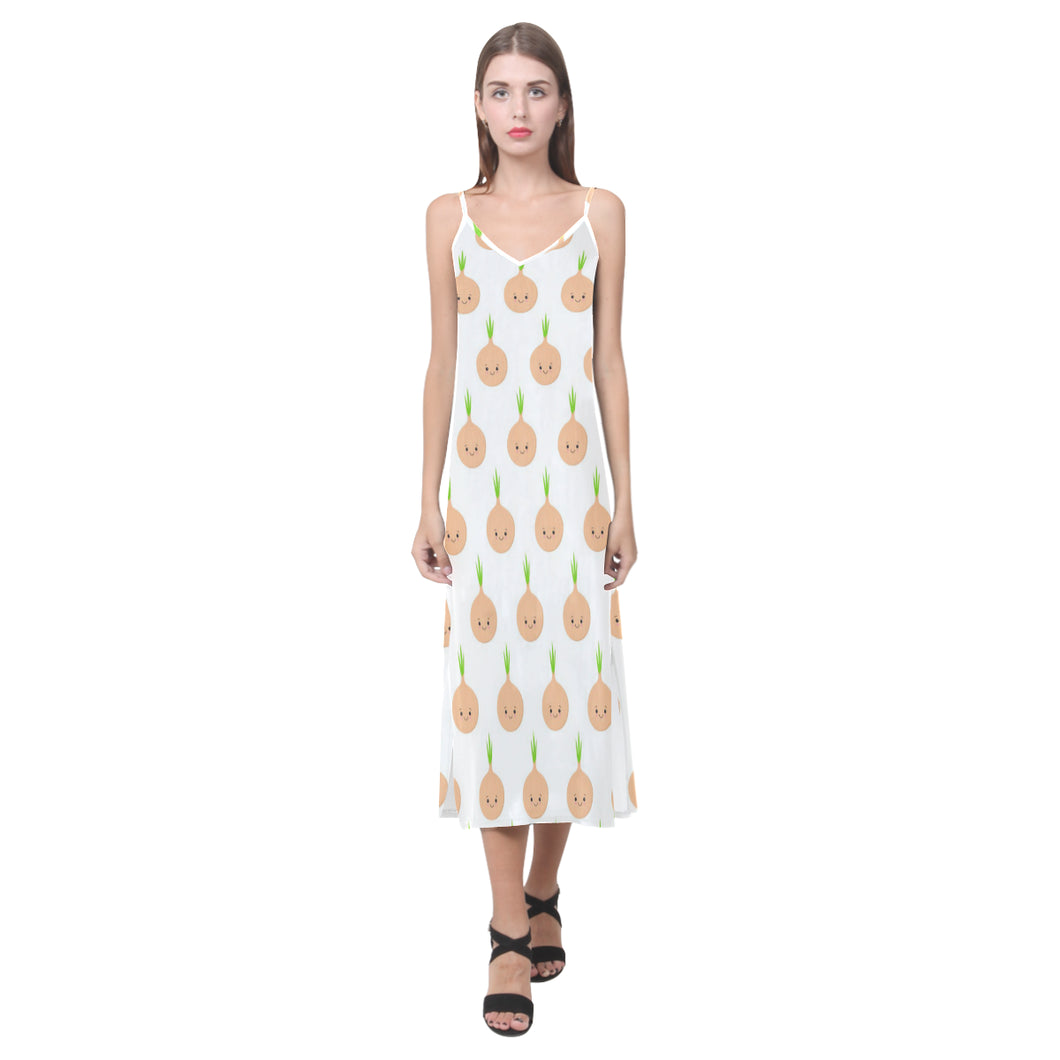 cute onions smiling faces V-Neck Open Fork Long Dress