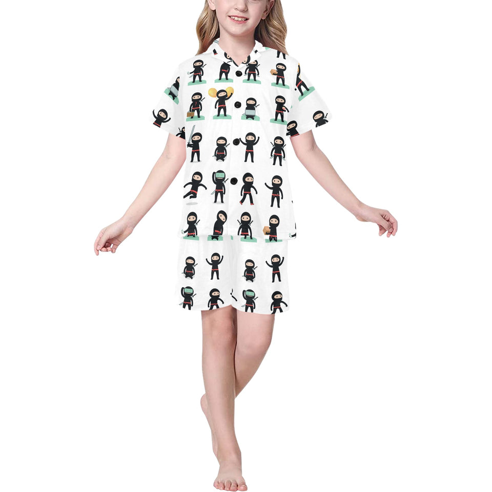 Cute ninja katana sword pattern Kids' Boys' Girls' V-Neck Short Pajama Set