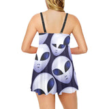 Alien Pattern Print Design 01 Chest Sexy Pleated Two Piece Swim Dress