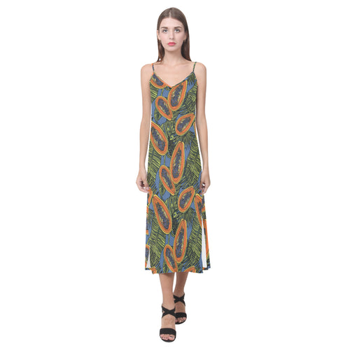 Colorful papaya tropical leaves V-Neck Open Fork Long Dress
