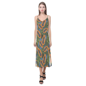 Colorful papaya tropical leaves V-Neck Open Fork Long Dress