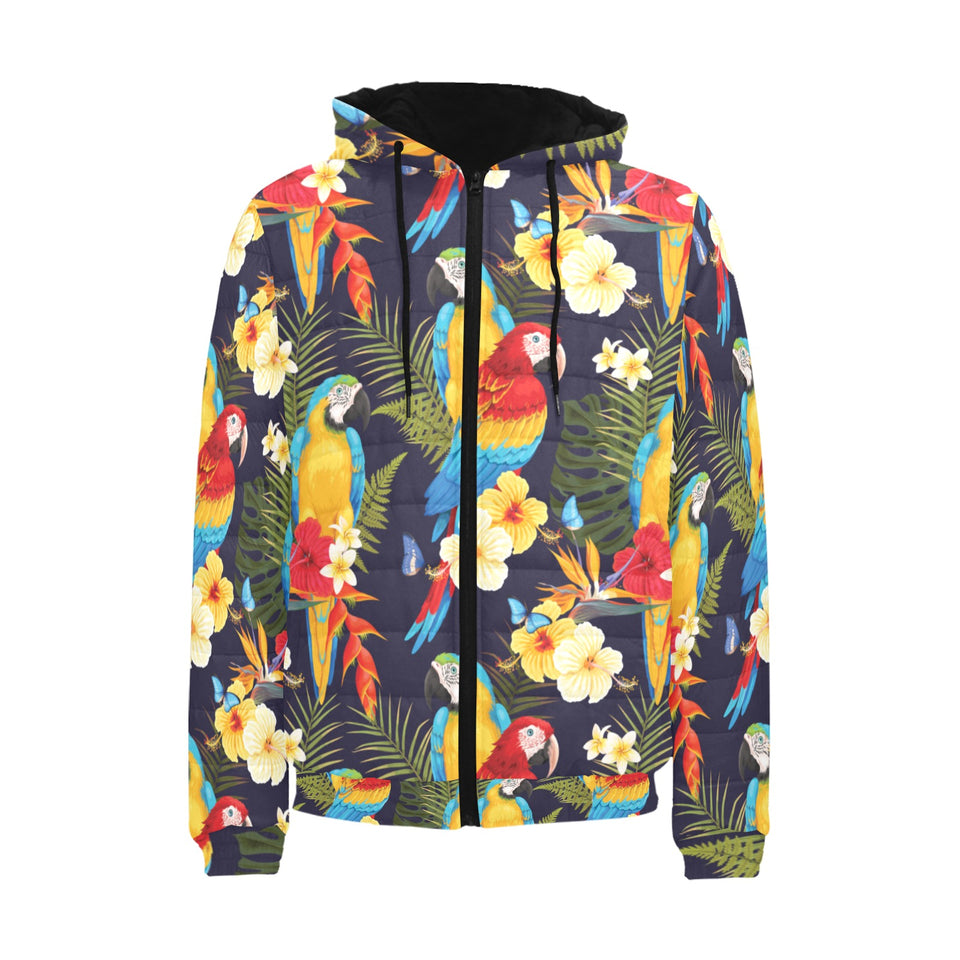 Colorful parrot flower pattern Men's Padded Hooded Jacket